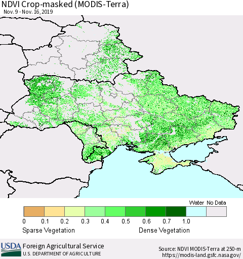 Ukraine, Moldova and Belarus Cropland NDVI (Terra-MODIS) Thematic Map For 11/11/2019 - 11/20/2019