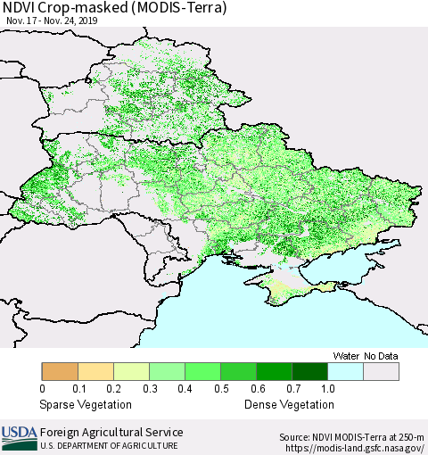 Ukraine, Moldova and Belarus Cropland NDVI (Terra-MODIS) Thematic Map For 11/21/2019 - 11/30/2019