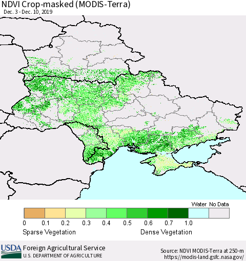 Ukraine, Moldova and Belarus Cropland NDVI (Terra-MODIS) Thematic Map For 12/1/2019 - 12/10/2019