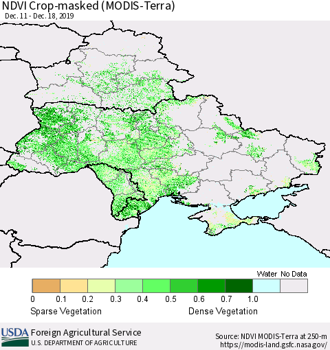 Ukraine, Moldova and Belarus Cropland NDVI (Terra-MODIS) Thematic Map For 12/11/2019 - 12/20/2019