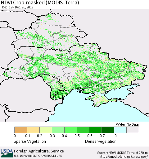 Ukraine, Moldova and Belarus Cropland NDVI (Terra-MODIS) Thematic Map For 12/21/2019 - 12/31/2019