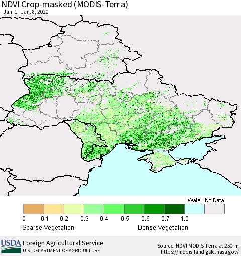 Ukraine, Moldova and Belarus Cropland NDVI (Terra-MODIS) Thematic Map For 1/1/2020 - 1/10/2020