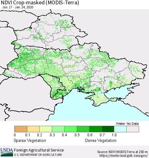 Ukraine, Moldova and Belarus Cropland NDVI (Terra-MODIS) Thematic Map For 1/21/2020 - 1/31/2020