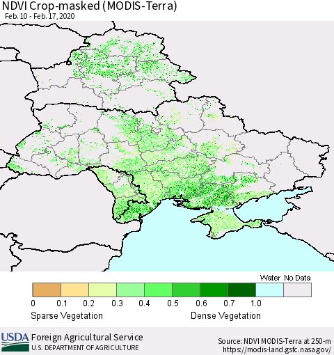 Ukraine, Moldova and Belarus Cropland NDVI (Terra-MODIS) Thematic Map For 2/11/2020 - 2/20/2020