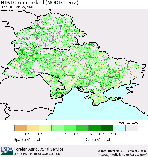 Ukraine, Moldova and Belarus Cropland NDVI (Terra-MODIS) Thematic Map For 2/21/2020 - 2/29/2020