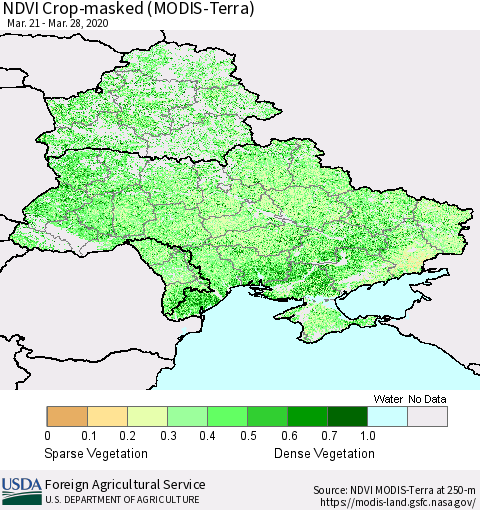 Ukraine, Moldova and Belarus Cropland NDVI (Terra-MODIS) Thematic Map For 3/21/2020 - 3/31/2020