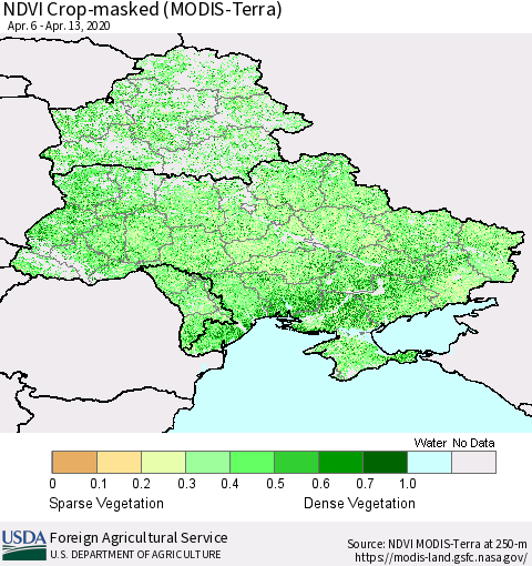 Ukraine, Moldova and Belarus Cropland NDVI (Terra-MODIS) Thematic Map For 4/11/2020 - 4/20/2020