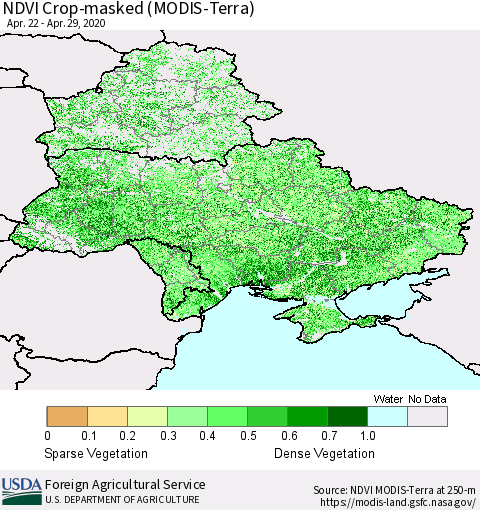Ukraine, Moldova and Belarus Cropland NDVI (Terra-MODIS) Thematic Map For 4/21/2020 - 4/30/2020