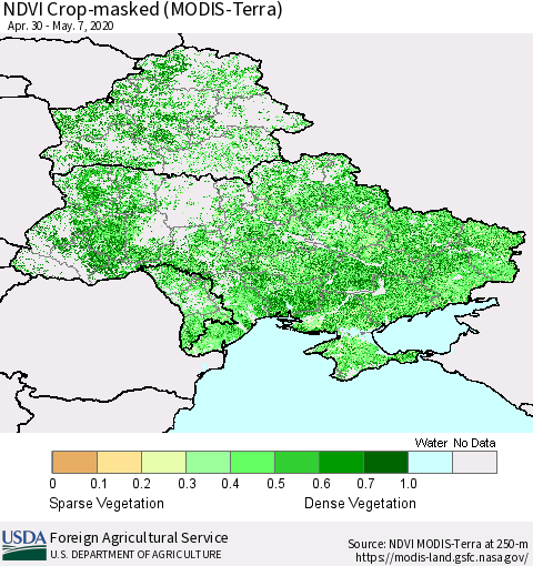 Ukraine, Moldova and Belarus Cropland NDVI (Terra-MODIS) Thematic Map For 5/1/2020 - 5/10/2020