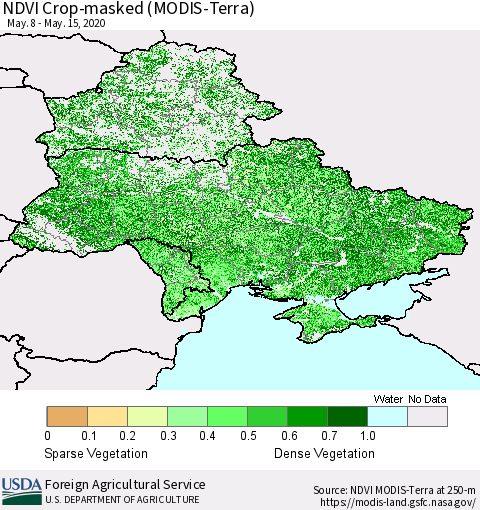 Ukraine, Moldova and Belarus Cropland NDVI (Terra-MODIS) Thematic Map For 5/11/2020 - 5/20/2020