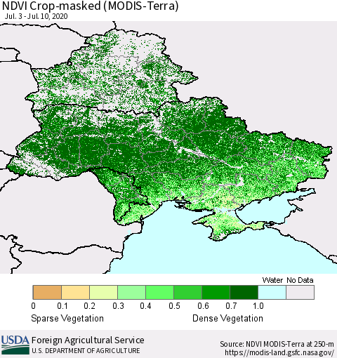 Ukraine, Moldova and Belarus Cropland NDVI (Terra-MODIS) Thematic Map For 7/1/2020 - 7/10/2020