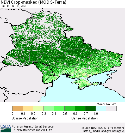 Ukraine, Moldova and Belarus Cropland NDVI (Terra-MODIS) Thematic Map For 7/11/2020 - 7/20/2020