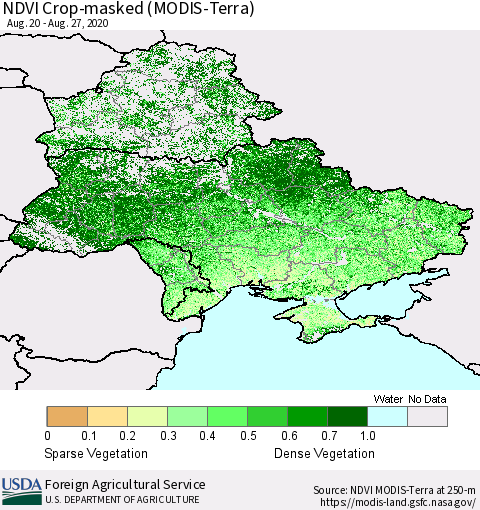 Ukraine, Moldova and Belarus Cropland NDVI (Terra-MODIS) Thematic Map For 8/21/2020 - 8/31/2020