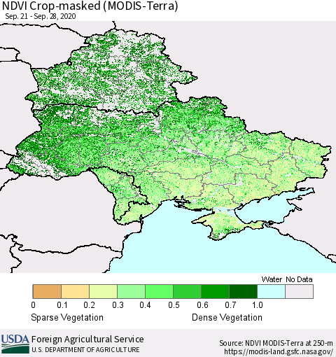 Ukraine, Moldova and Belarus Cropland NDVI (Terra-MODIS) Thematic Map For 9/21/2020 - 9/30/2020