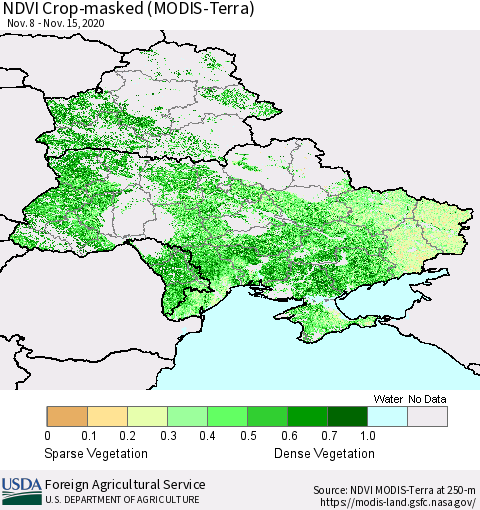 Ukraine, Moldova and Belarus Cropland NDVI (Terra-MODIS) Thematic Map For 11/11/2020 - 11/20/2020
