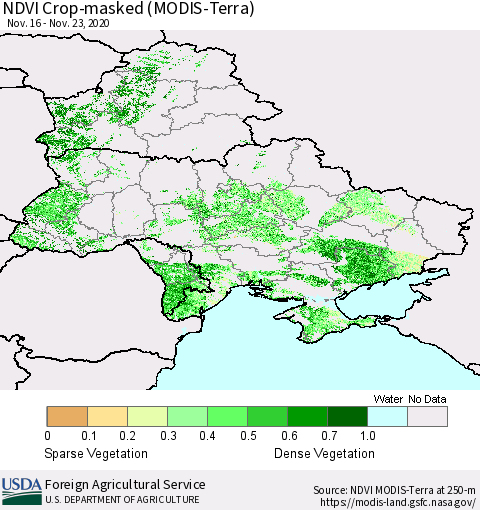 Ukraine, Moldova and Belarus Cropland NDVI (Terra-MODIS) Thematic Map For 11/21/2020 - 11/30/2020