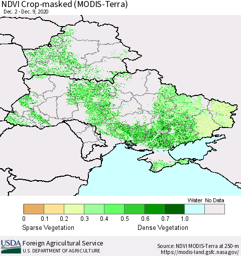 Ukraine, Moldova and Belarus Cropland NDVI (Terra-MODIS) Thematic Map For 12/1/2020 - 12/10/2020