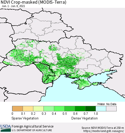 Ukraine, Moldova and Belarus Cropland NDVI (Terra-MODIS) Thematic Map For 1/1/2021 - 1/10/2021