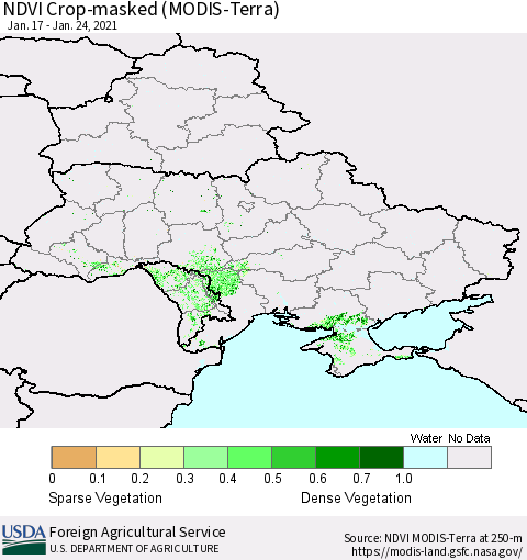 Ukraine, Moldova and Belarus Cropland NDVI (Terra-MODIS) Thematic Map For 1/21/2021 - 1/31/2021