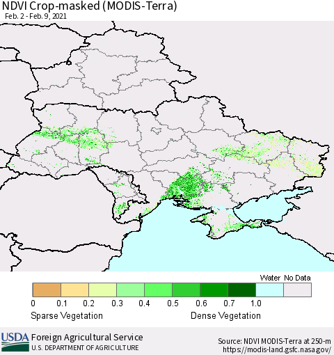 Ukraine, Moldova and Belarus Cropland NDVI (Terra-MODIS) Thematic Map For 2/1/2021 - 2/10/2021