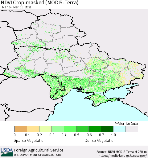 Ukraine, Moldova and Belarus Cropland NDVI (Terra-MODIS) Thematic Map For 3/11/2021 - 3/20/2021