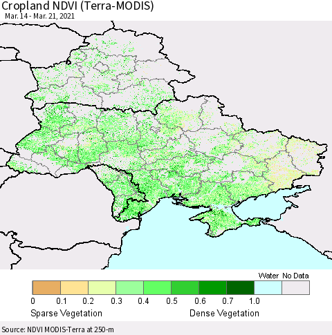 Ukraine, Moldova and Belarus Cropland NDVI (Terra-MODIS) Thematic Map For 3/14/2021 - 3/21/2021