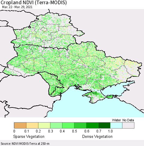 Ukraine, Moldova and Belarus Cropland NDVI (Terra-MODIS) Thematic Map For 3/22/2021 - 3/29/2021