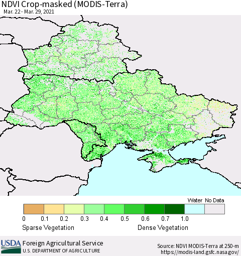 Ukraine, Moldova and Belarus Cropland NDVI (Terra-MODIS) Thematic Map For 3/21/2021 - 3/31/2021