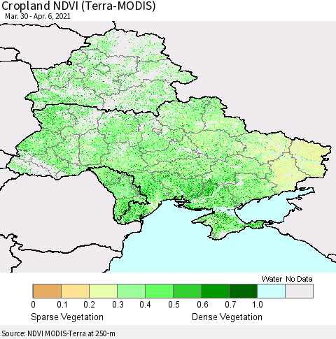 Ukraine, Moldova and Belarus Cropland NDVI (Terra-MODIS) Thematic Map For 3/30/2021 - 4/6/2021
