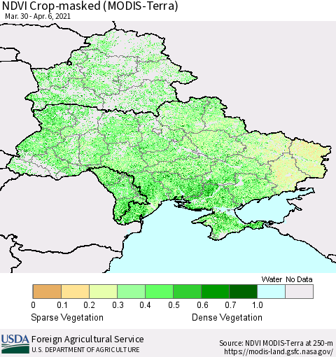 Ukraine, Moldova and Belarus Cropland NDVI (Terra-MODIS) Thematic Map For 4/1/2021 - 4/10/2021