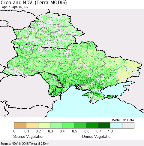 Ukraine, Moldova and Belarus Cropland NDVI (Terra-MODIS) Thematic Map For 4/7/2021 - 4/14/2021