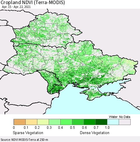 Ukraine, Moldova and Belarus Cropland NDVI (Terra-MODIS) Thematic Map For 4/15/2021 - 4/22/2021