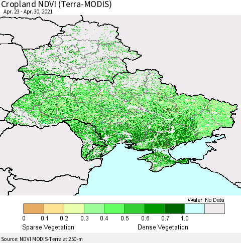 Ukraine, Moldova and Belarus Cropland NDVI (Terra-MODIS) Thematic Map For 4/21/2021 - 4/30/2021