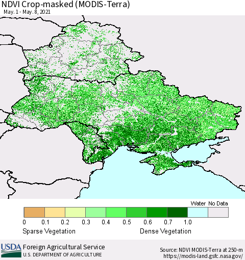Ukraine, Moldova and Belarus Cropland NDVI (Terra-MODIS) Thematic Map For 5/1/2021 - 5/10/2021