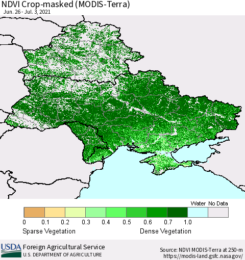 Ukraine, Moldova and Belarus Cropland NDVI (Terra-MODIS) Thematic Map For 7/1/2021 - 7/10/2021