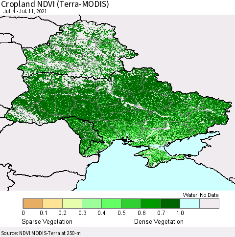 Ukraine, Moldova and Belarus Cropland NDVI (Terra-MODIS) Thematic Map For 7/4/2021 - 7/11/2021
