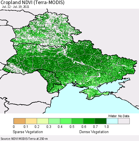 Ukraine, Moldova and Belarus Cropland NDVI (Terra-MODIS) Thematic Map For 7/12/2021 - 7/19/2021