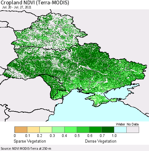 Ukraine, Moldova and Belarus Cropland NDVI (Terra-MODIS) Thematic Map For 7/20/2021 - 7/27/2021