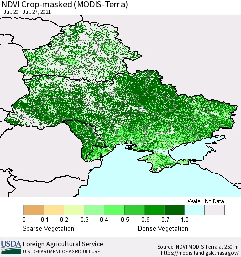 Ukraine, Moldova and Belarus Cropland NDVI (Terra-MODIS) Thematic Map For 7/21/2021 - 7/31/2021