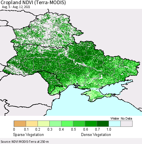 Ukraine, Moldova and Belarus Cropland NDVI (Terra-MODIS) Thematic Map For 8/5/2021 - 8/12/2021