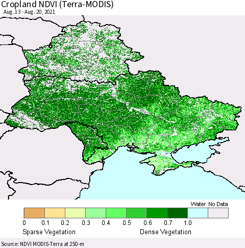 Ukraine, Moldova and Belarus Cropland NDVI (Terra-MODIS) Thematic Map For 8/11/2021 - 8/20/2021