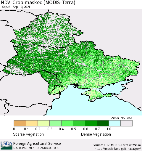 Ukraine, Moldova and Belarus Cropland NDVI (Terra-MODIS) Thematic Map For 9/11/2021 - 9/20/2021