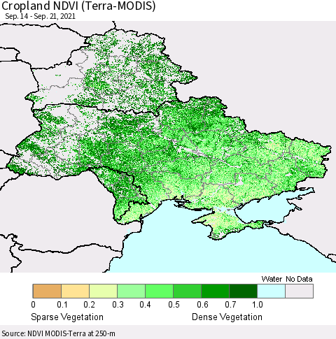 Ukraine, Moldova and Belarus Cropland NDVI (Terra-MODIS) Thematic Map For 9/14/2021 - 9/21/2021
