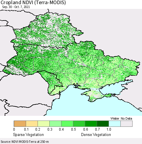 Ukraine, Moldova and Belarus Cropland NDVI (Terra-MODIS) Thematic Map For 9/30/2021 - 10/7/2021