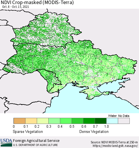 Ukraine, Moldova and Belarus Cropland NDVI (Terra-MODIS) Thematic Map For 10/11/2021 - 10/20/2021