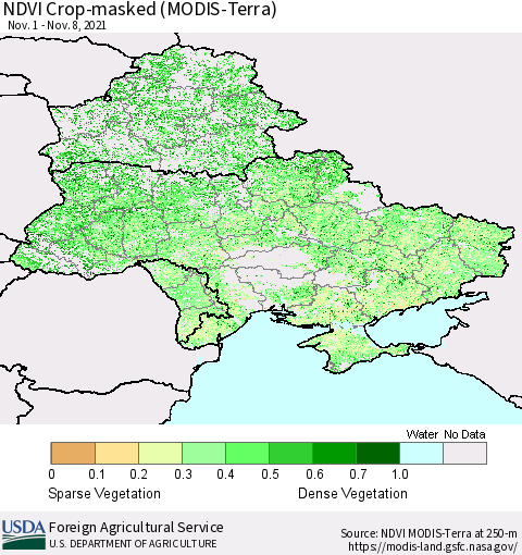 Ukraine, Moldova and Belarus Cropland NDVI (Terra-MODIS) Thematic Map For 11/1/2021 - 11/10/2021