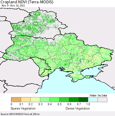 Ukraine, Moldova and Belarus Cropland NDVI (Terra-MODIS) Thematic Map For 11/9/2021 - 11/16/2021
