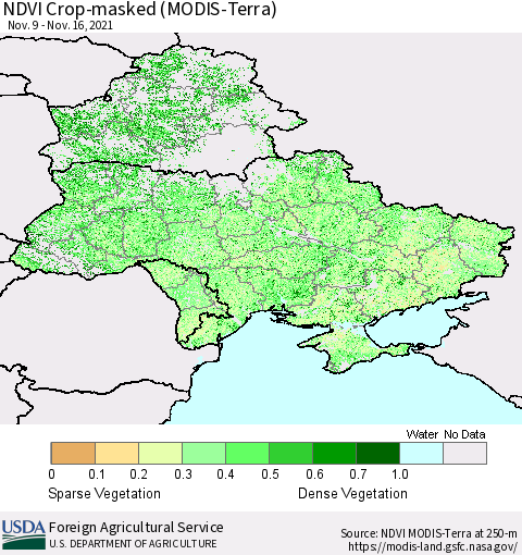 Ukraine, Moldova and Belarus Cropland NDVI (Terra-MODIS) Thematic Map For 11/11/2021 - 11/20/2021