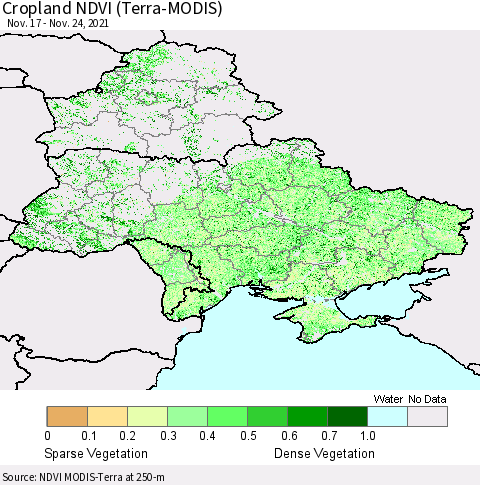 Ukraine, Moldova and Belarus Cropland NDVI (Terra-MODIS) Thematic Map For 11/17/2021 - 11/24/2021