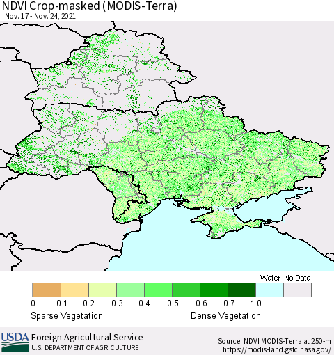 Ukraine, Moldova and Belarus Cropland NDVI (Terra-MODIS) Thematic Map For 11/21/2021 - 11/30/2021